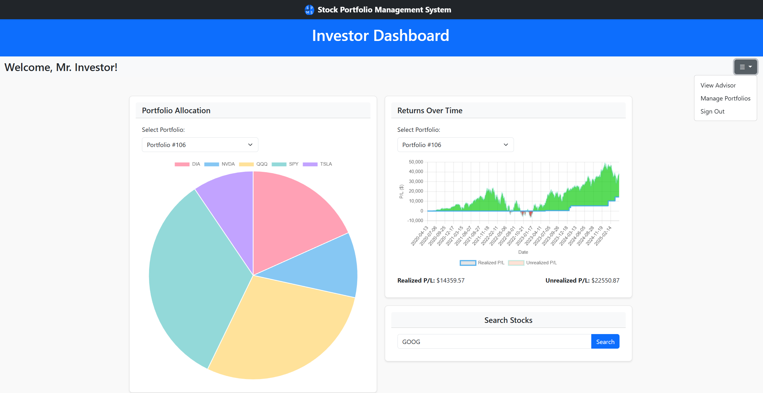 Stock Portfolio Management System — stock portfolio tracking web app, screenshot 1 of 4